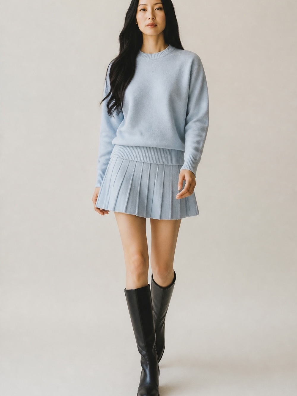 Tankaneo Light Blue Knit Sweater & Pleated Skirt Set Size Small Soft Winter Warm